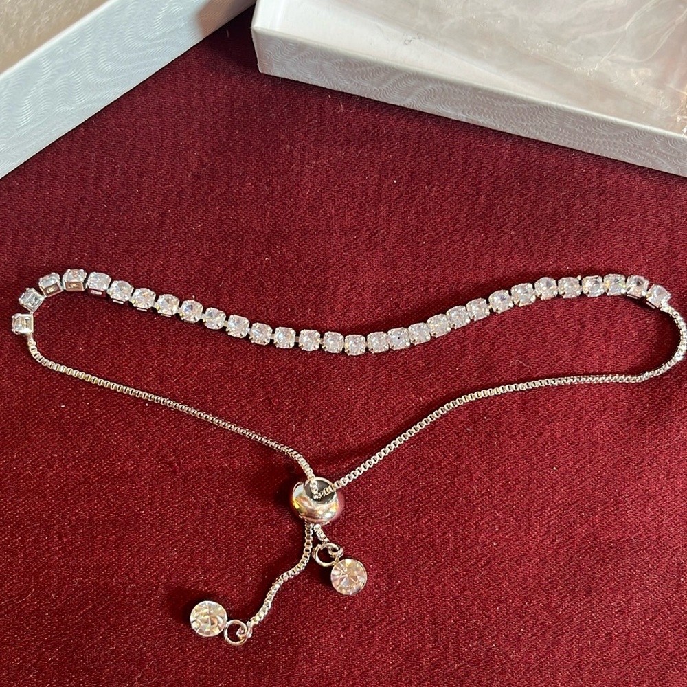 Silver plate Bracelet with Rhinestones-Adjustable